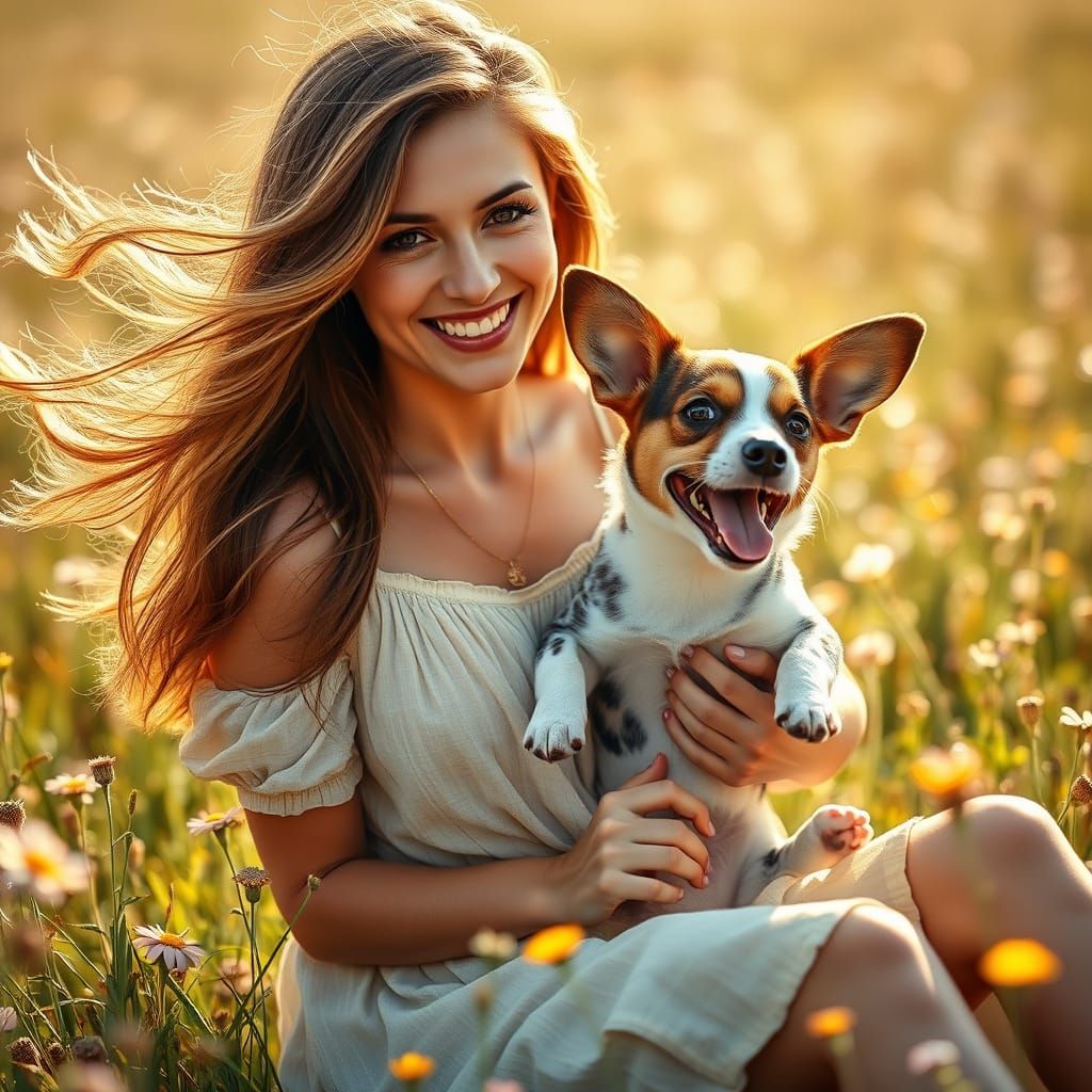 Woman and Dog in Sun-Dappled Meadow