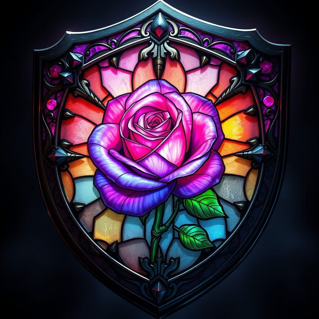 Ethereal Rose Shield in Stained Glass Style