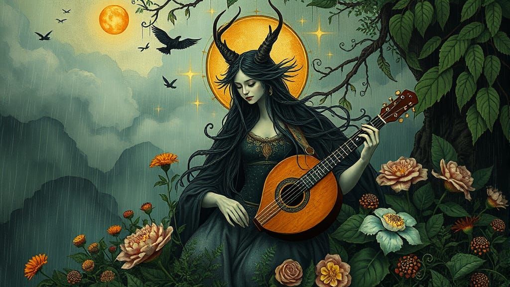 Mystical Hecate Amidst Botanicals and Intricate Patterns