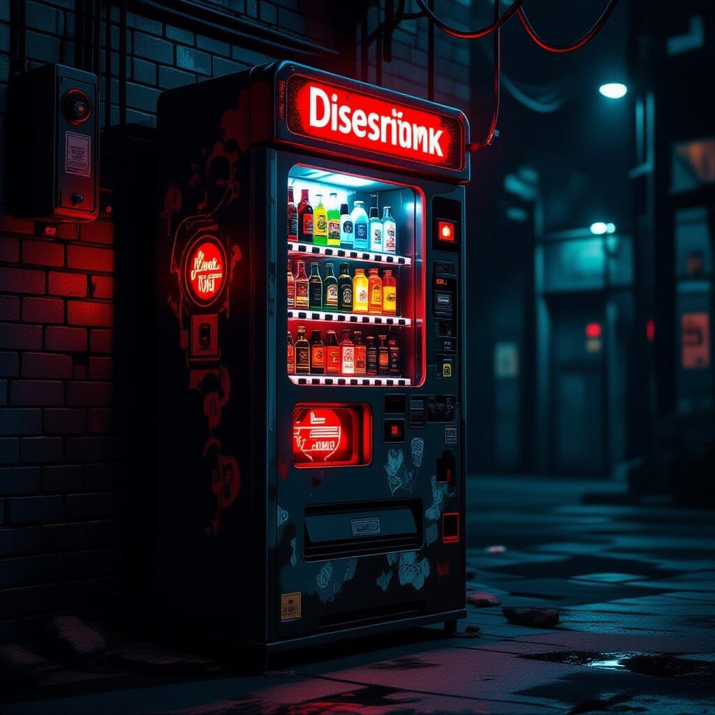 Nightmarish Dieselpunk Alcohol Vending Machine in Grimy Alle...