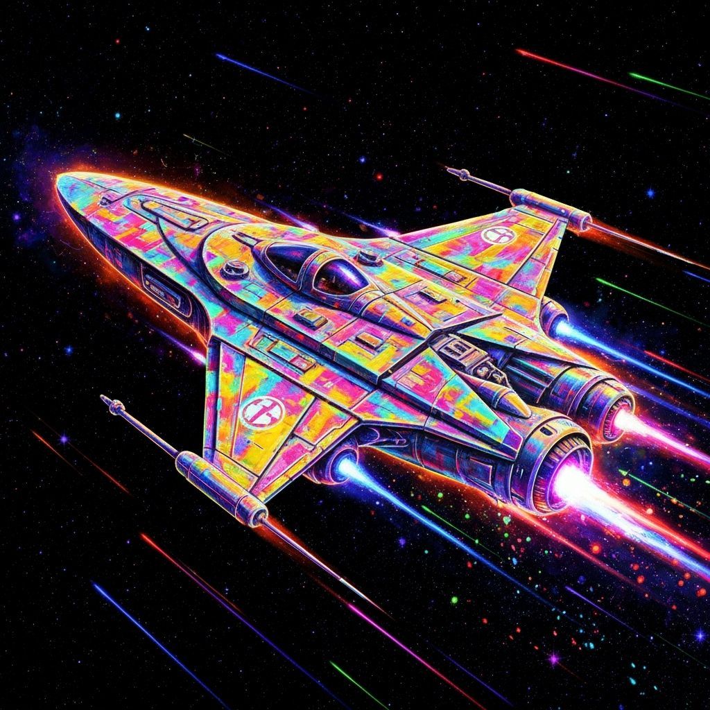 Neon Splash Art Starship in Star Wars Style