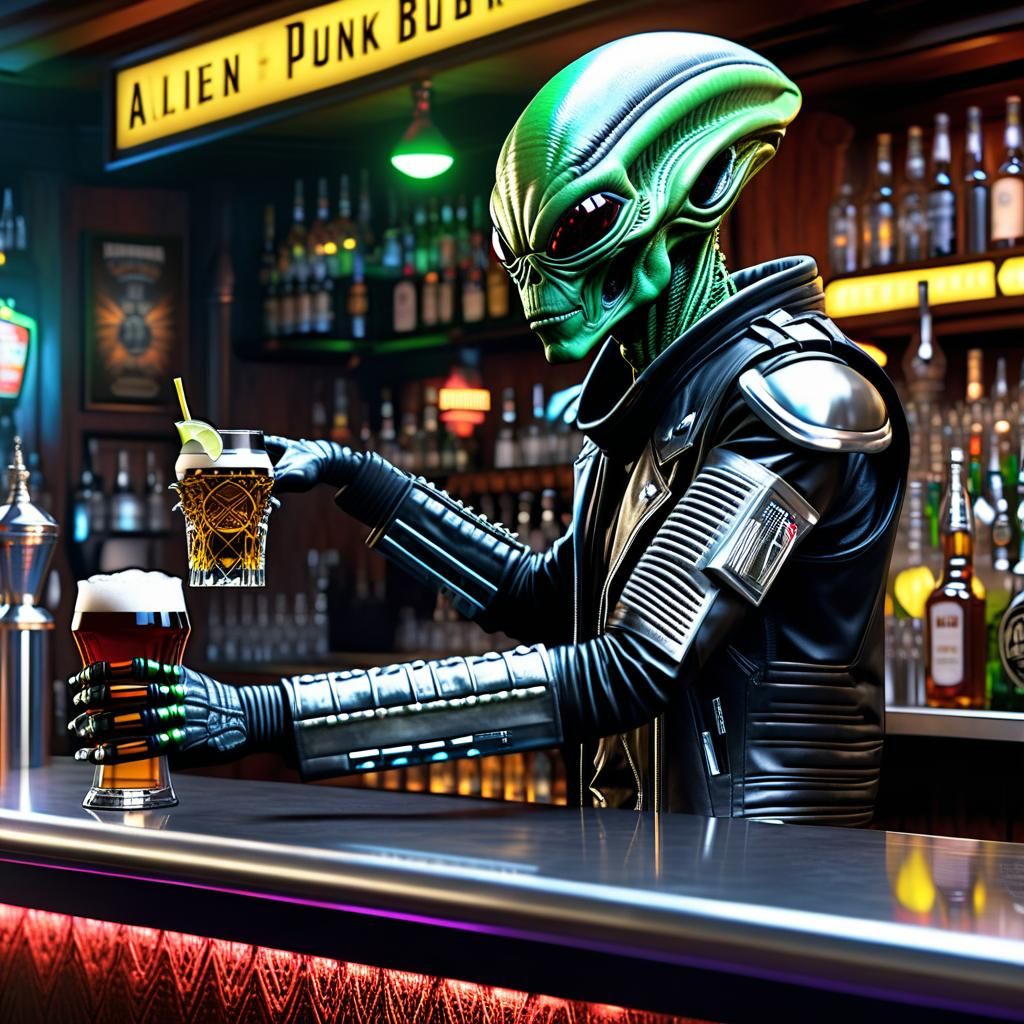 Biopunk Alien Barista in a Cyberpunk Pub