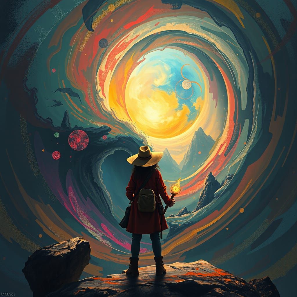 Adventurer at Dimensional Vortex in Expressionist Surrealism