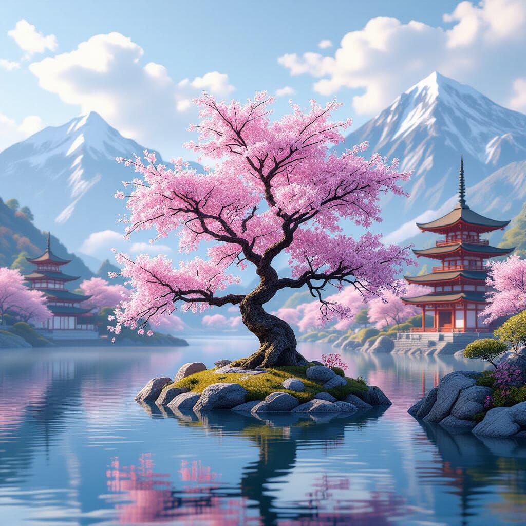 Ancient Sakura Tree Beside Lake with Japanese Temples
