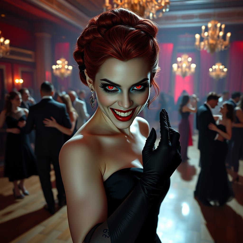 Hyperrealistic Vampire Woman on Ballroom Dance Floor