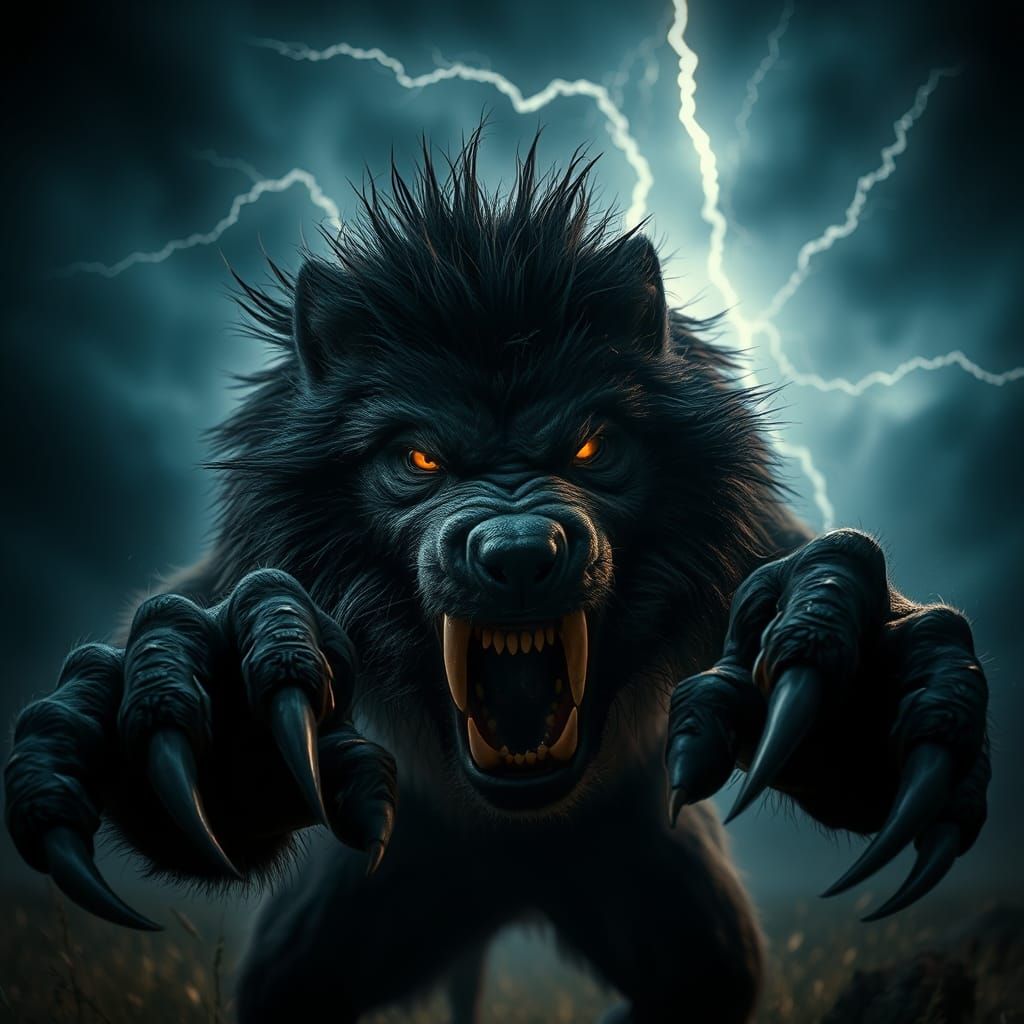 Dramatic Werewolf Pounces in Stormy Cinematic Scene