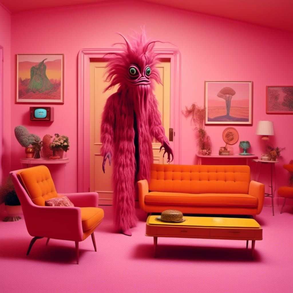 Retro Pink Liminal Space with Strange Creature
