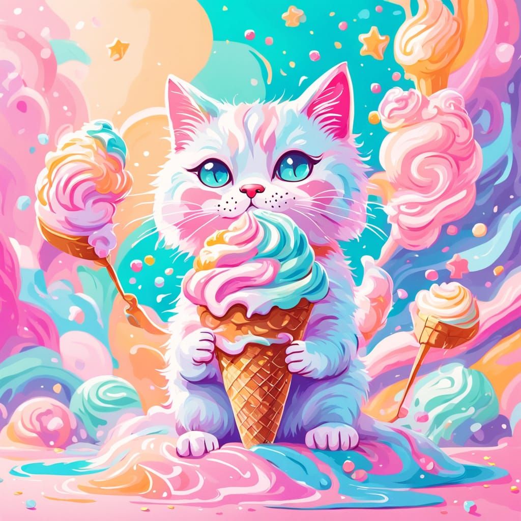 Vibrant Whimsical Cat in a Pastel Paradise