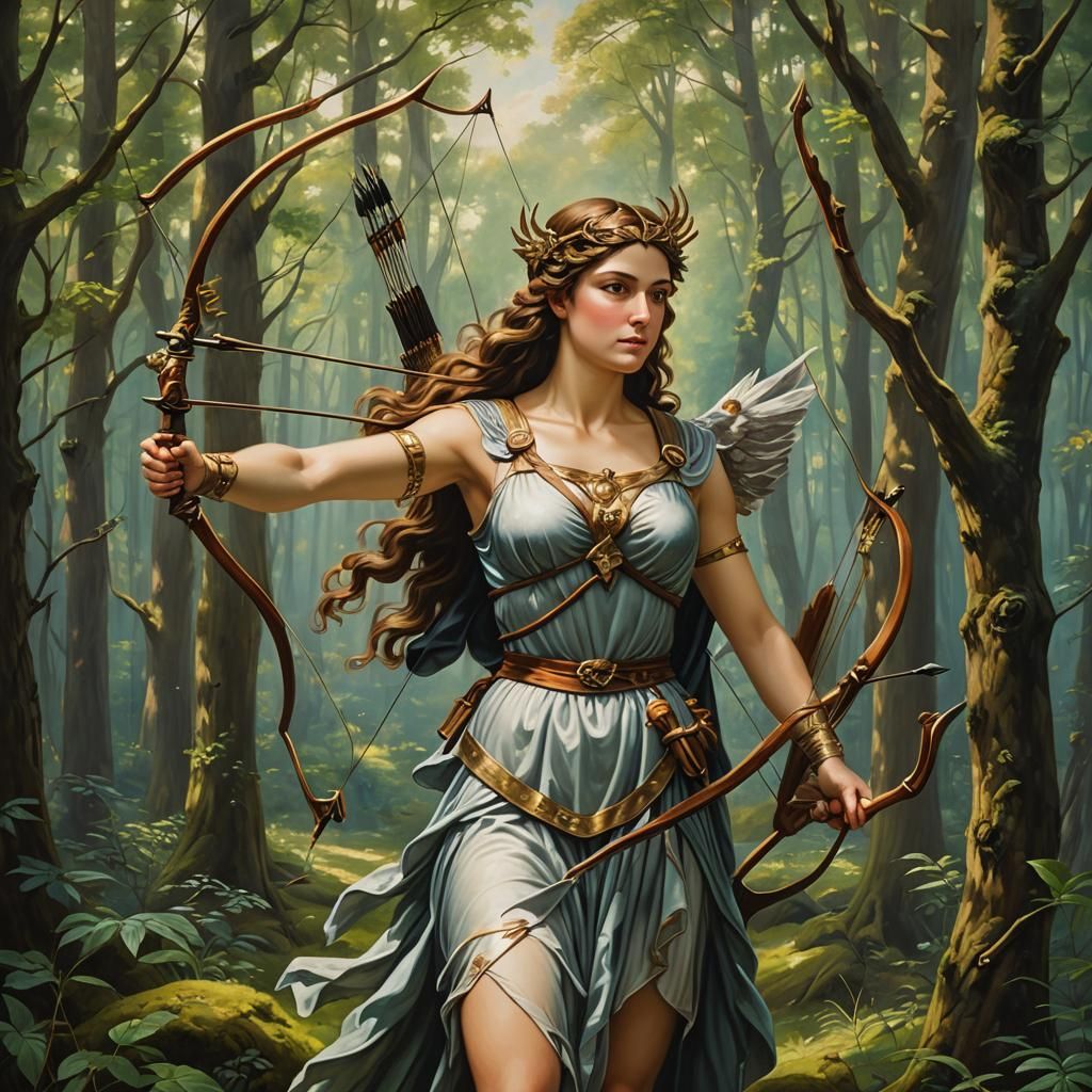 Artemis, Greek Goddess of the Hunt, Renaissance Oil Painting