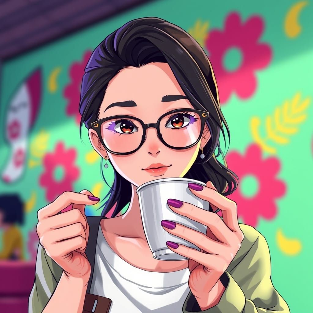 Woman with Coffee in Vibrant 3D Anime Style