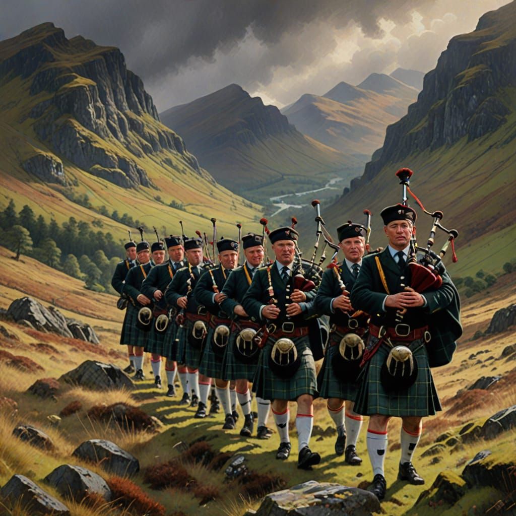 Eleven Pipers in Scottish Glen, Oil Painting