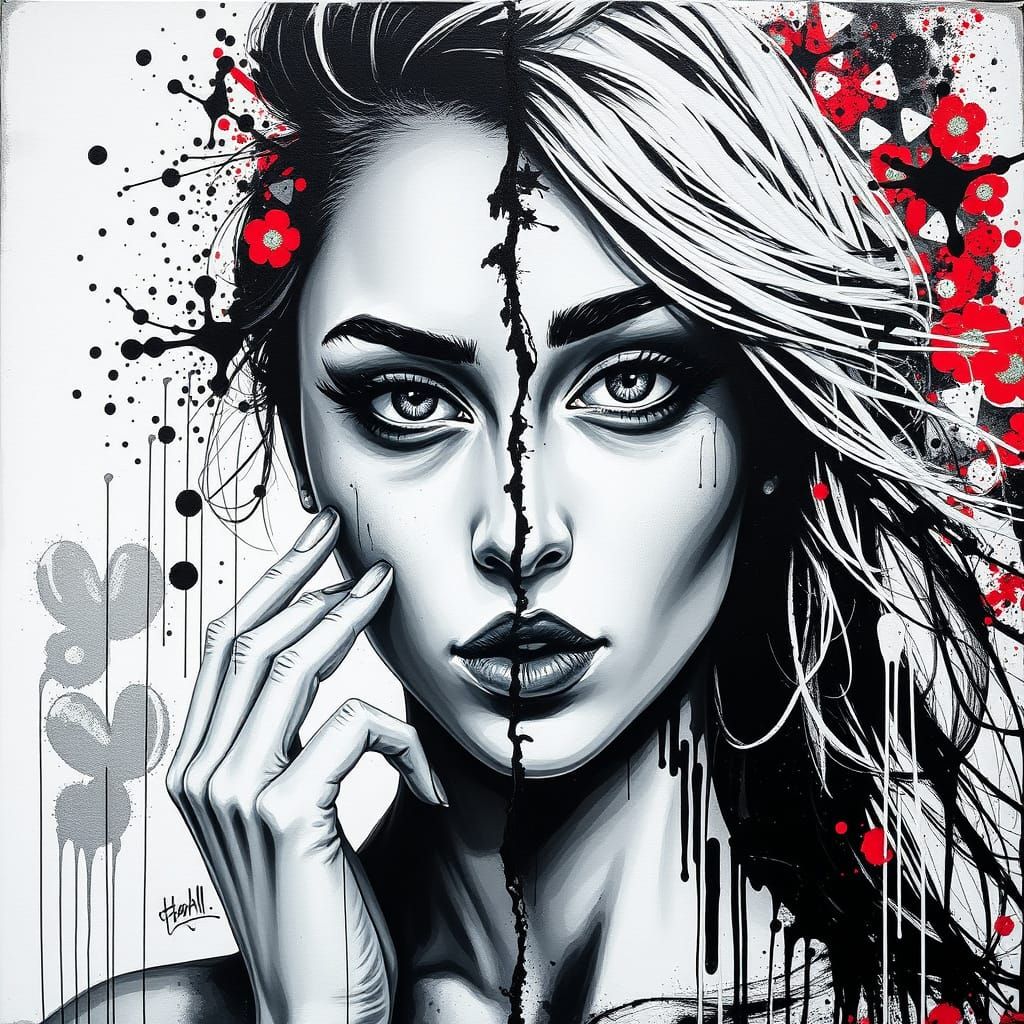 Monochrome Woman in Graffiti Splash Art Style