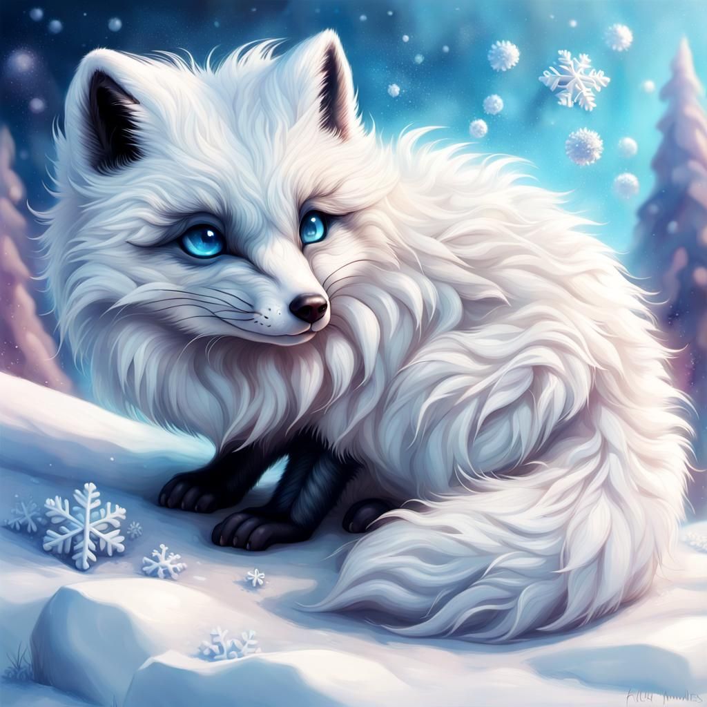 Adorable Fluffy Arctic Fox with Glitter Swirls