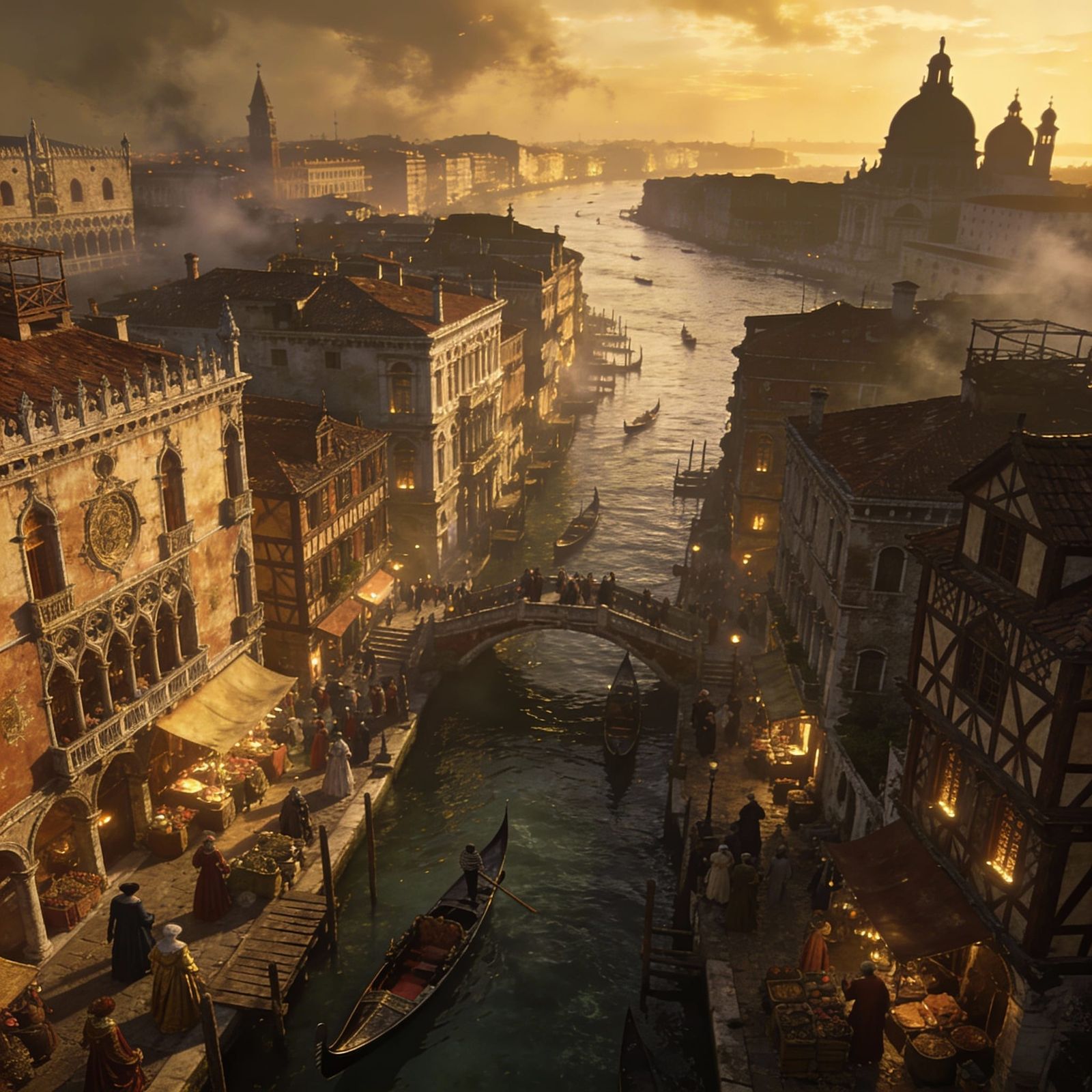 Medieval Venice Aerial View with Gondolas and Palaces