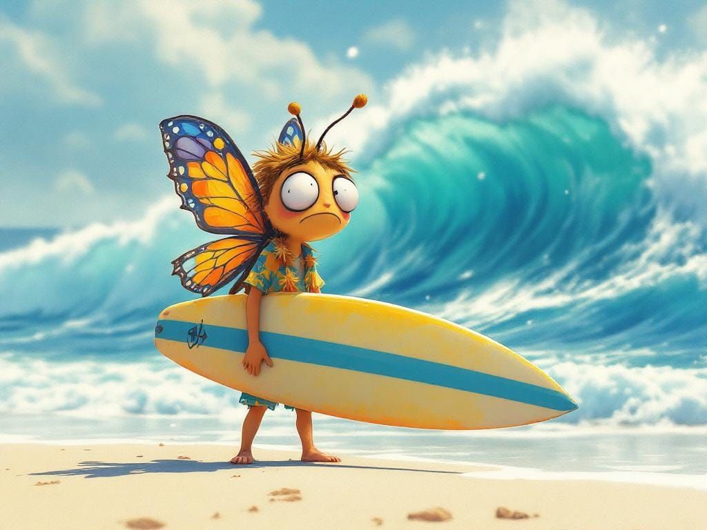 Butterfly Surfer on Beach in Ghibli Style