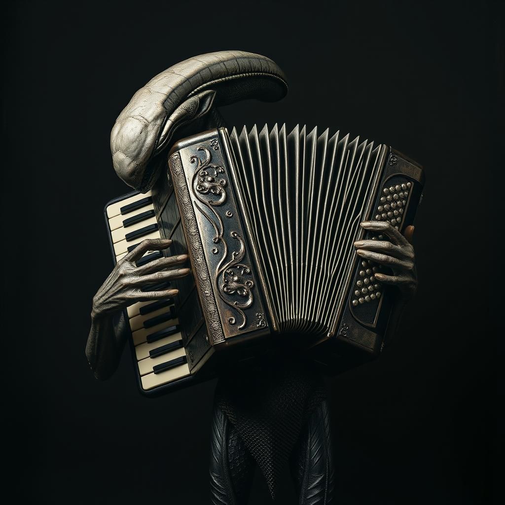 Accordion Alien in Haunting Hyperrealism
