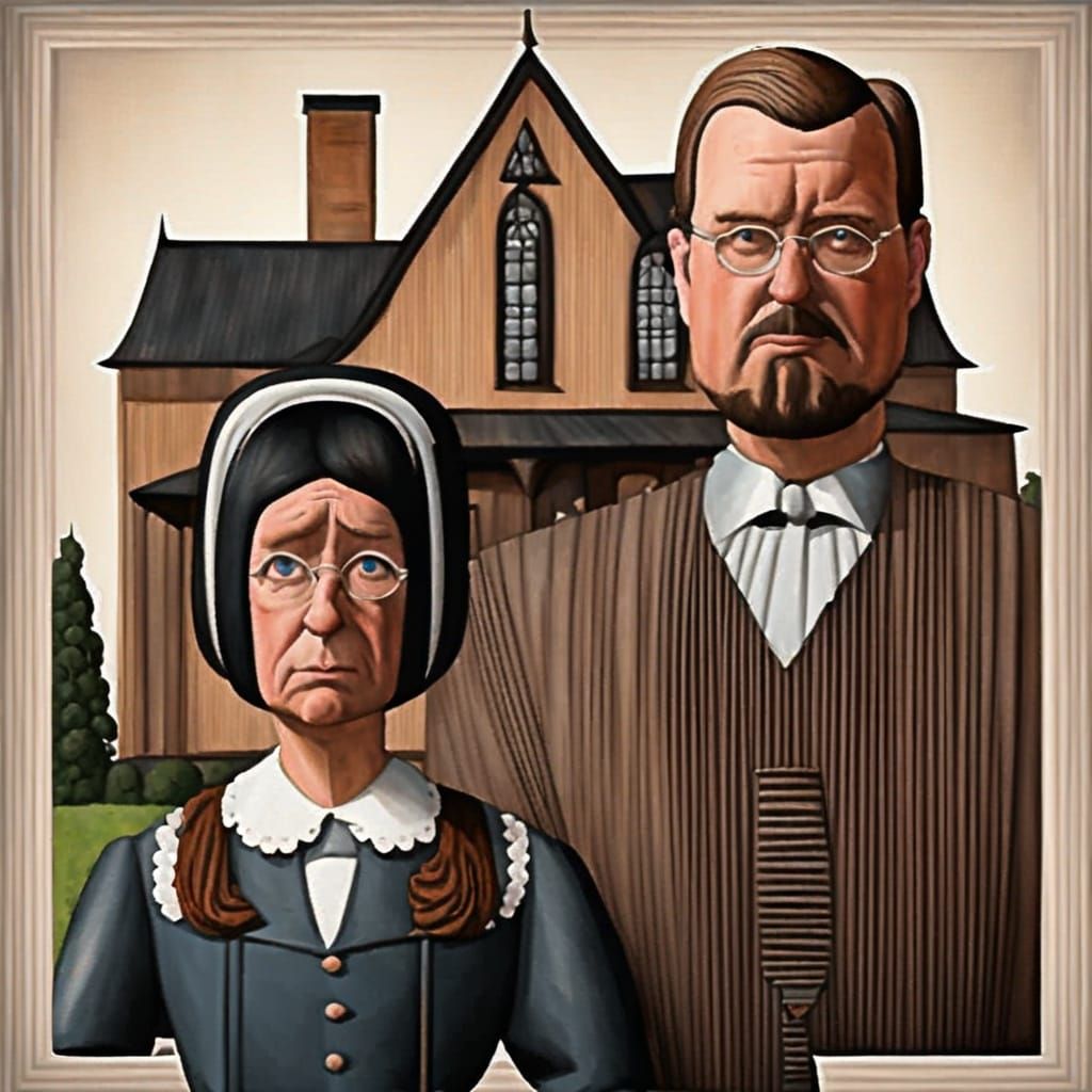 American Gothic Caricature in Don Martin Cartoon Style