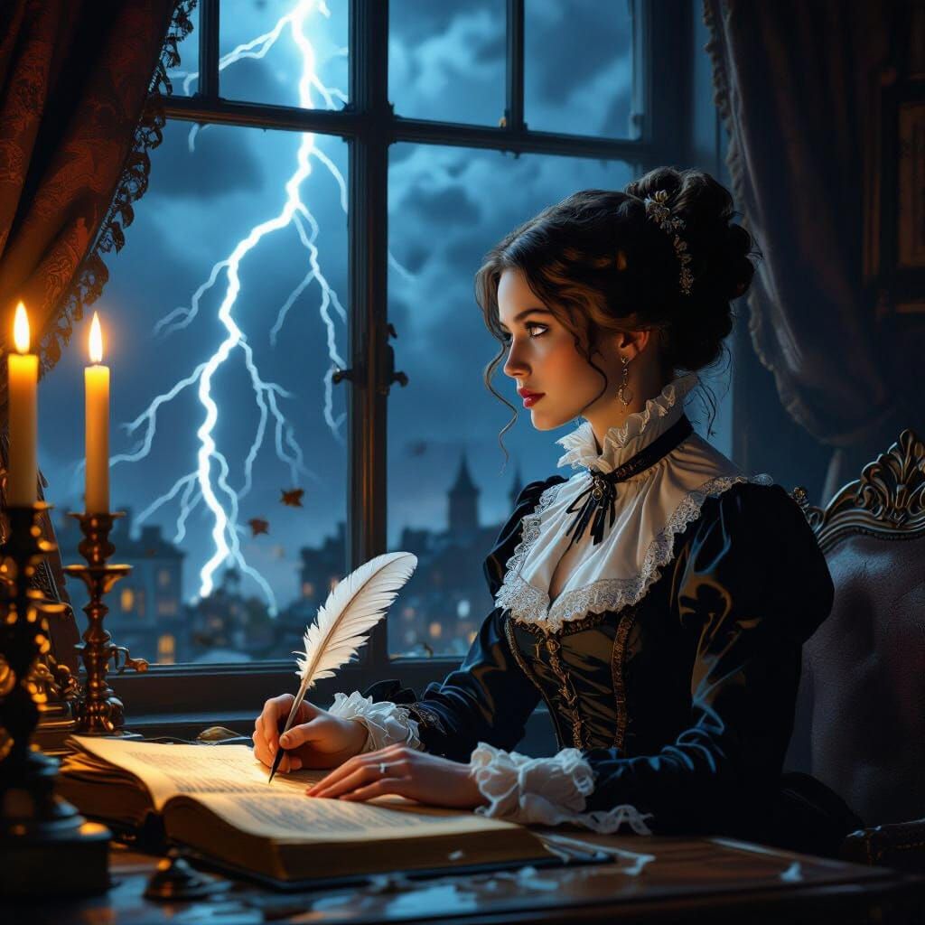 Mary Shelley at Her Desk: Gothic Digital Matte Painting