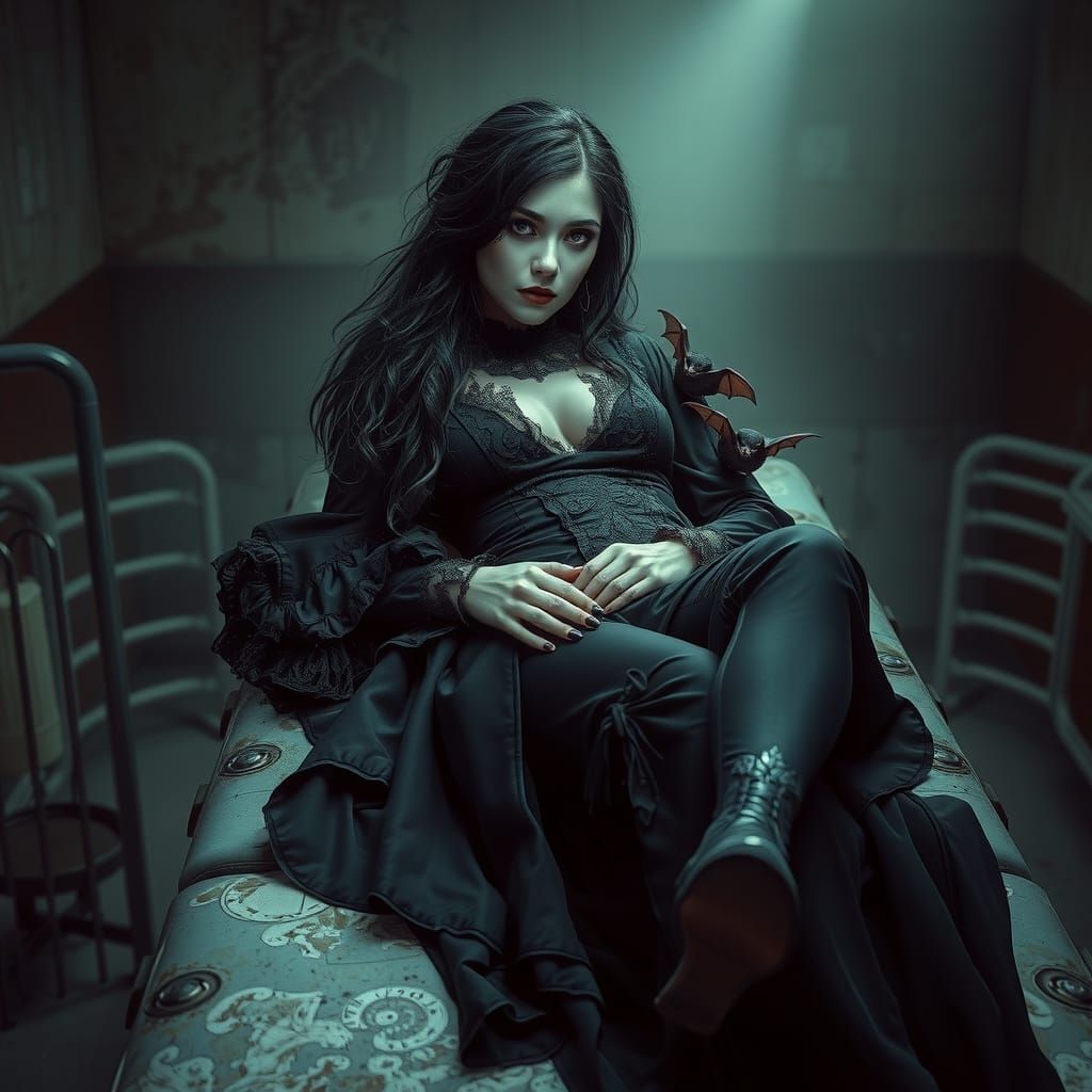 Mystical Woman in Abandoned Morgue, Dark Fantasy Art