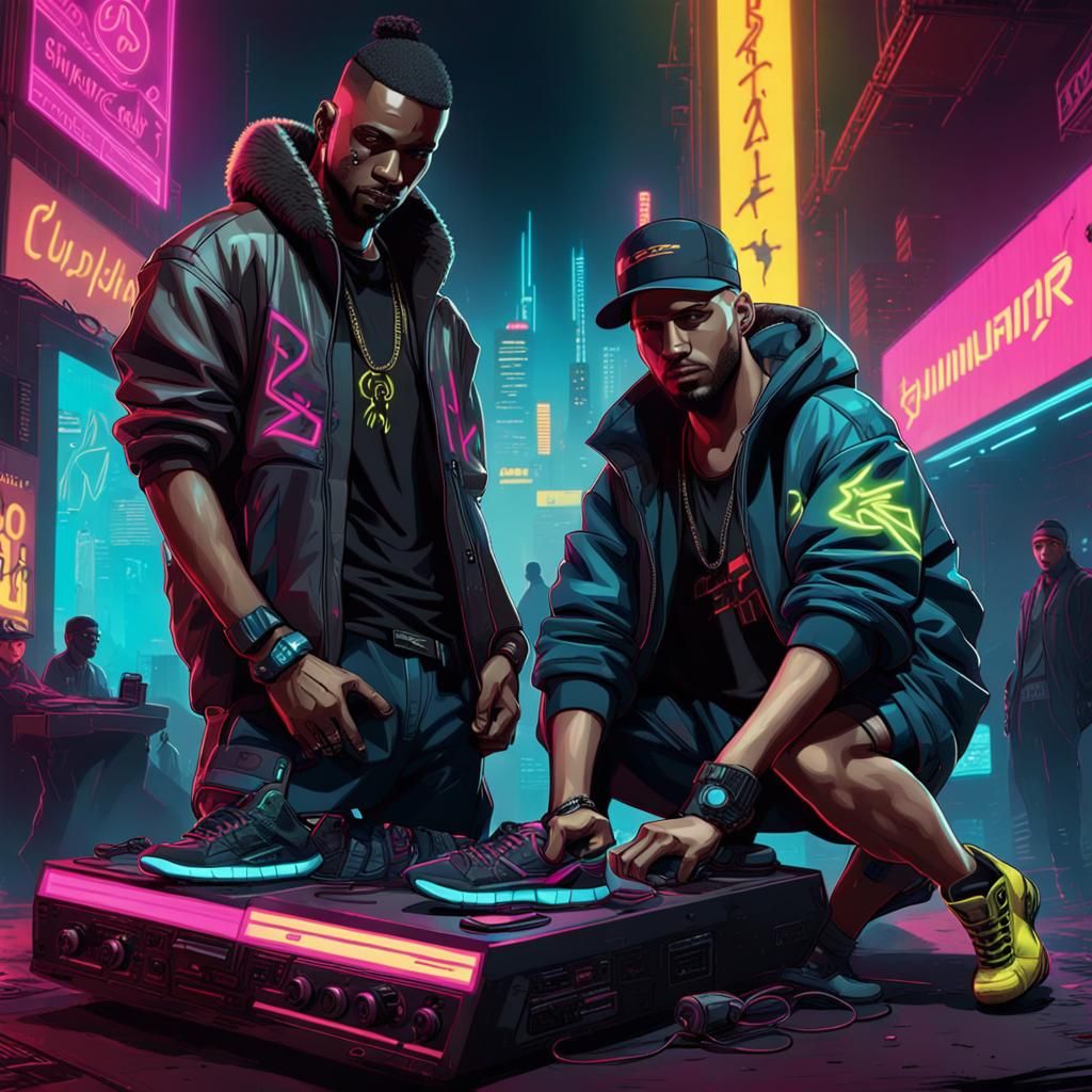 Cyberpunk DJ with Rapper and Breakdancer