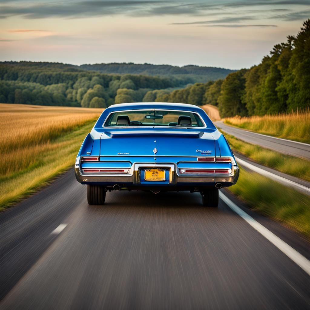 Blue 1973 Cutlass Supreme on the interstate highway in rural Virginia from behind.