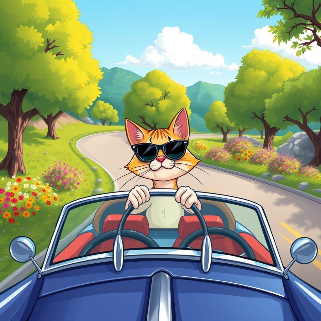 Cat Drives Convertible in Cartoon Looney Tunes Style