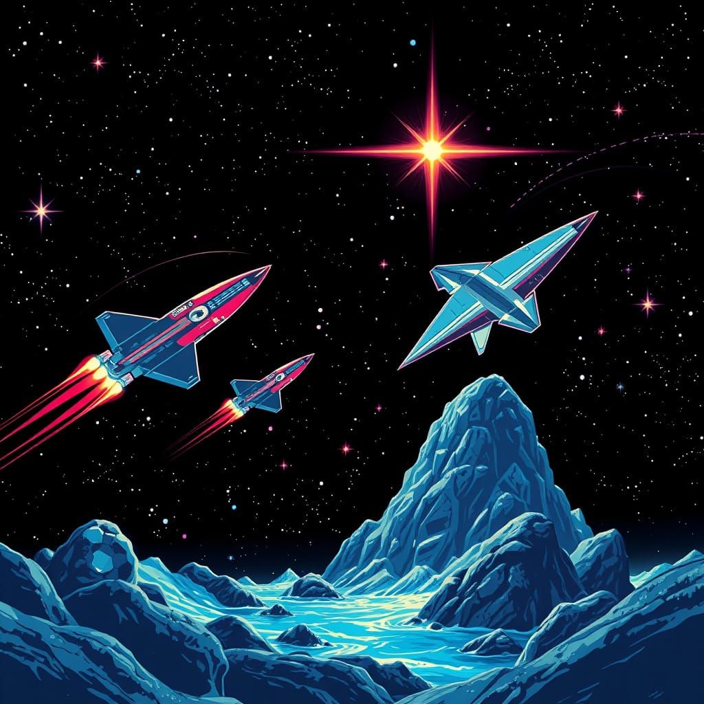 Colorful Spaceships Fly to Black Hole: Retrofuturistic Comic...