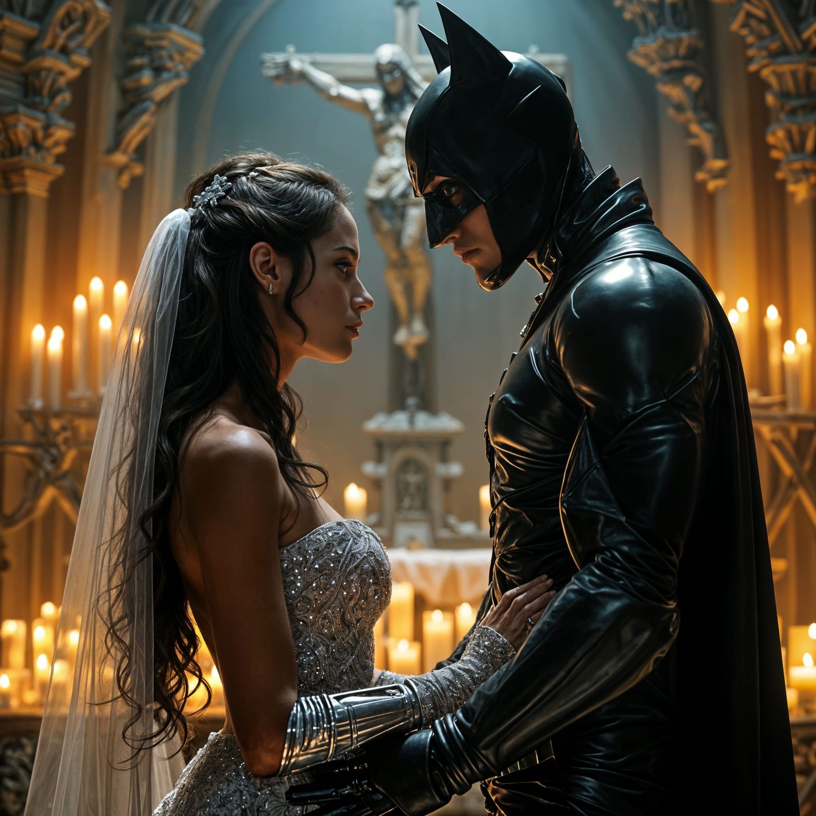 Bride with Steel Arm in Cyberpunk Church