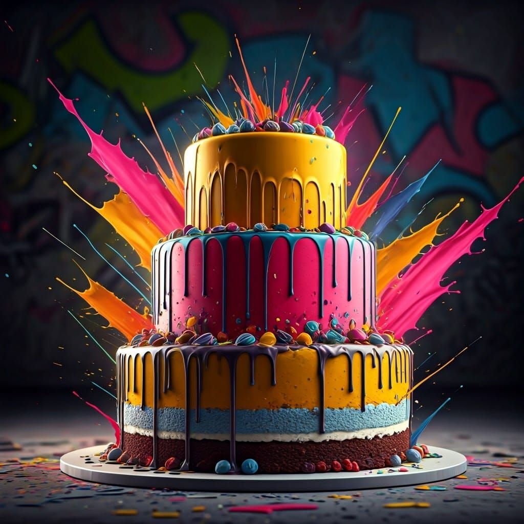 Colorful Birthday Cake in Urban Setting