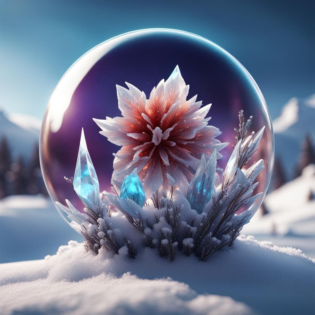 Crystal Flower in Snow Orb: Digital Art