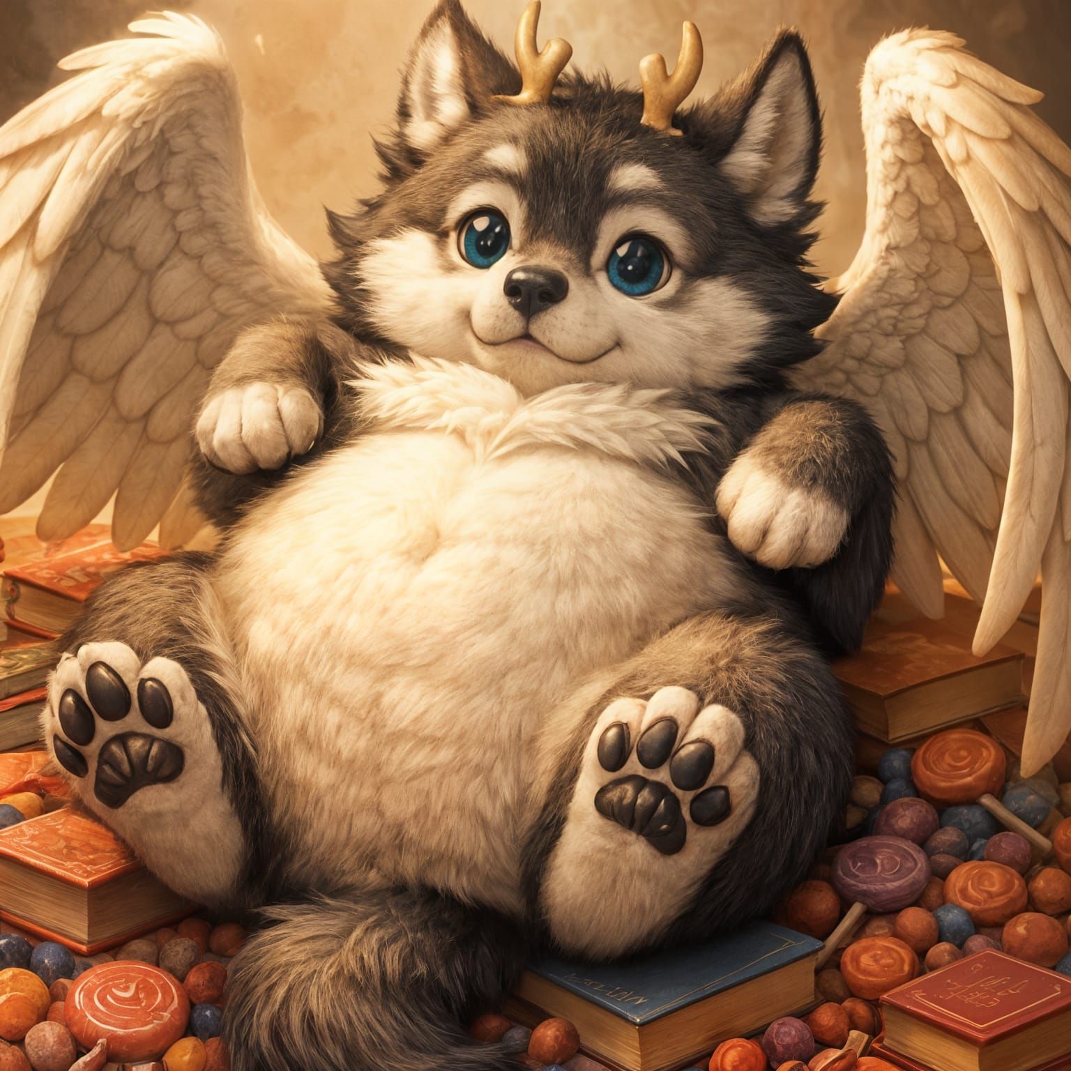 Cute Chubby Winged Wolf on Books and Candy in Anime Style