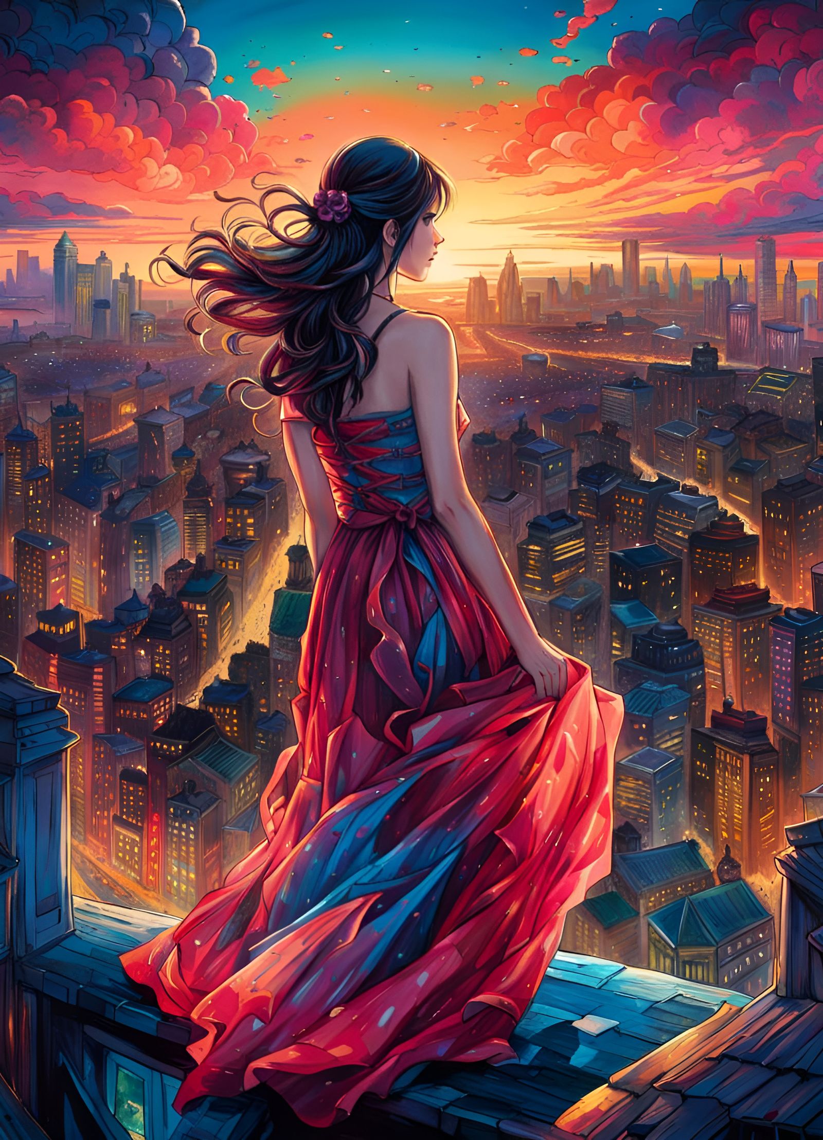 Girl Overlooking Cityscape in Romantic Manga Style
