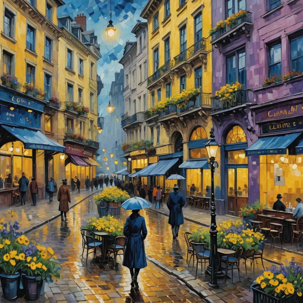 Impressionistic Cityscape with Cafe in Gouache Style