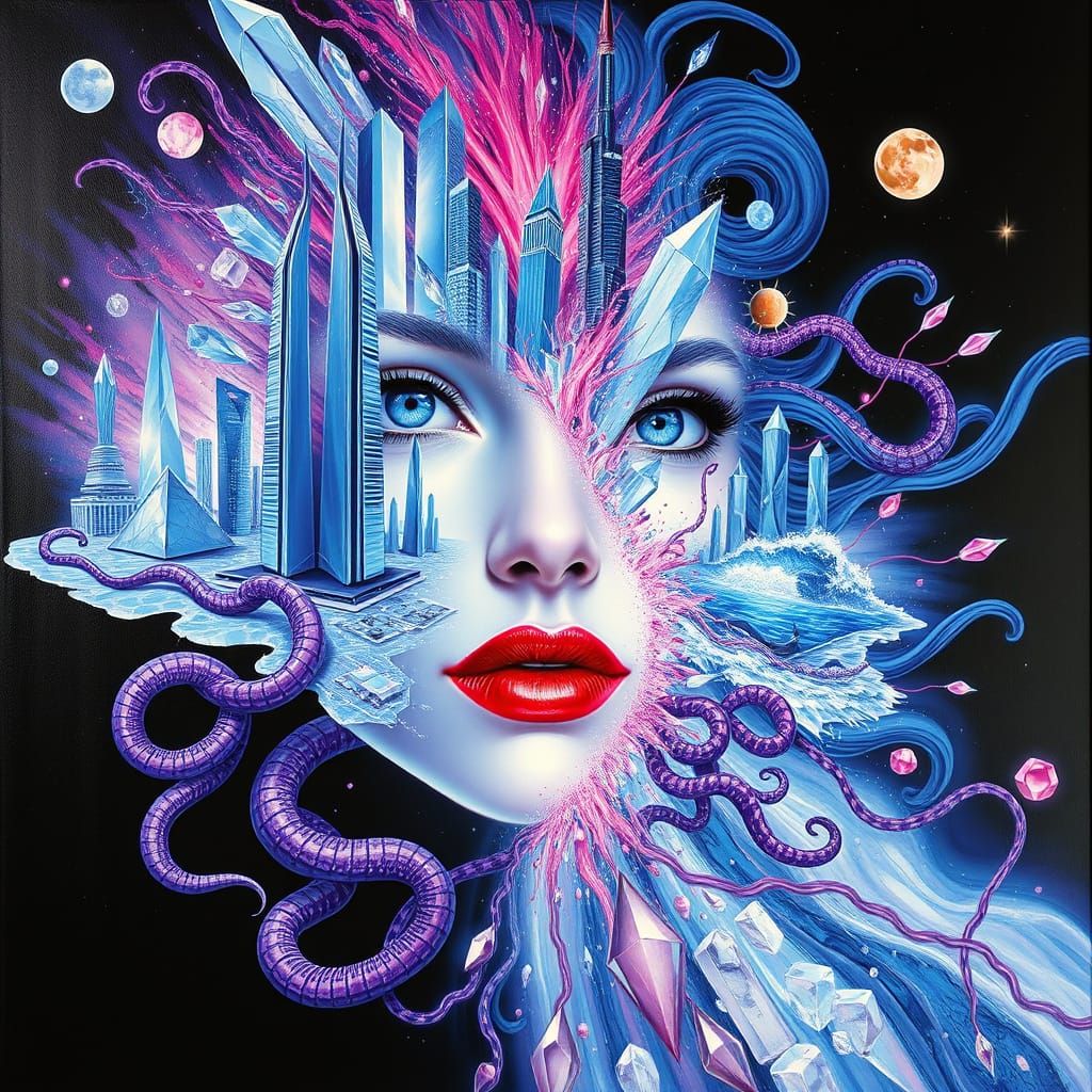 Surreal Portrait: Crystal City Explosion in Oil