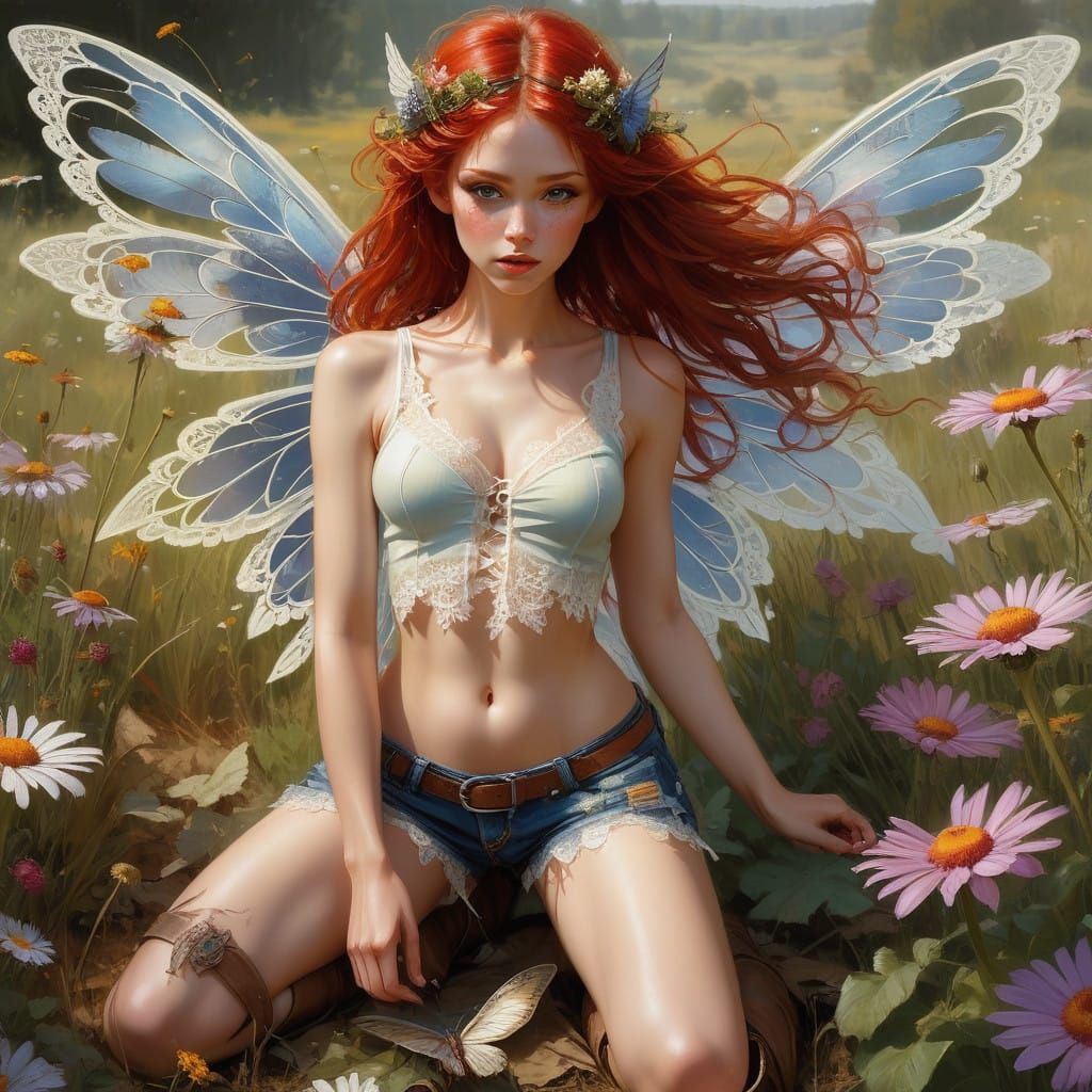Ethereal Redhead Fairy in Whimsical Meadow Scene