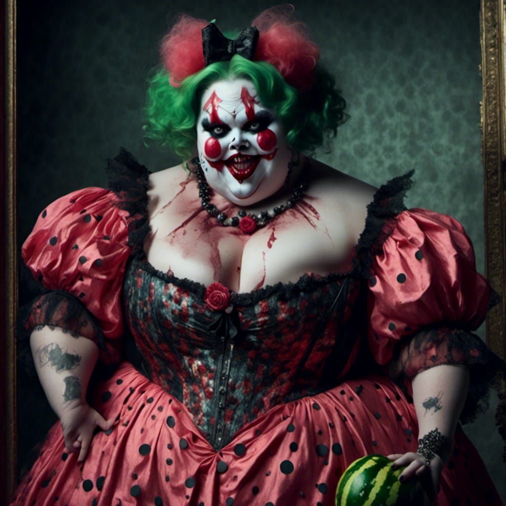 <lora:Female Vampires:1.0> demon watermelon bbw girl clown