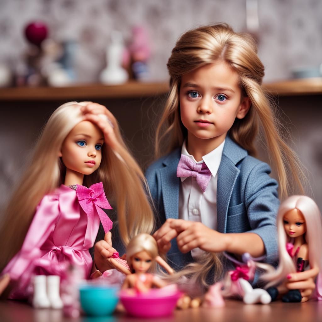 Boy with Long Hair Plays with Barbie Dolls