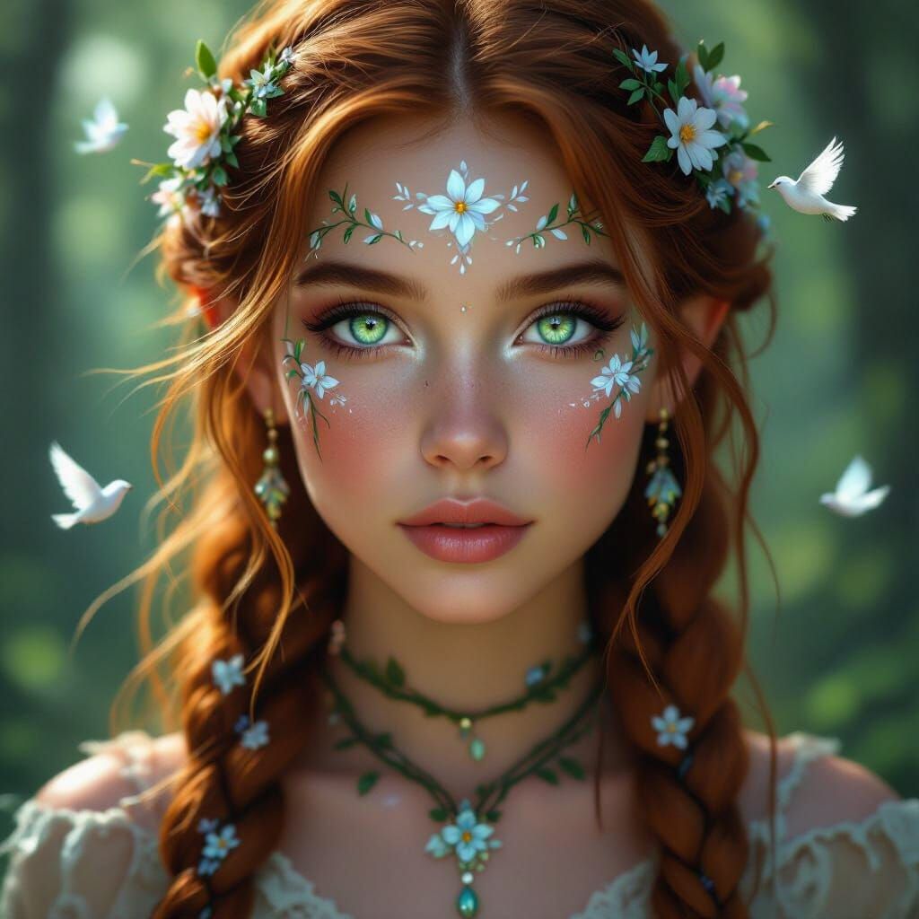 Forest Fairy Portrait with Ethereal Lighting and Floral Tatt...