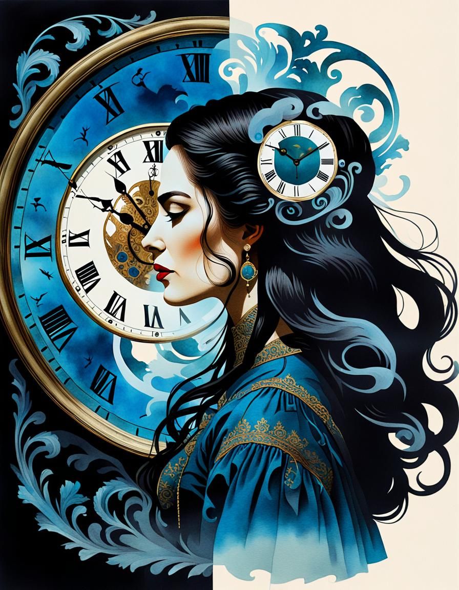 Double Exposure: Woman and Timepiece in Gouache Watercolor