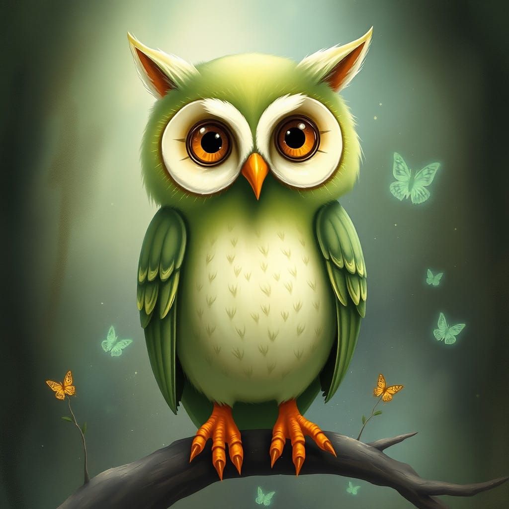 Whimsical Green Owl with Cat Ears in Dreamlike Atmosphere
