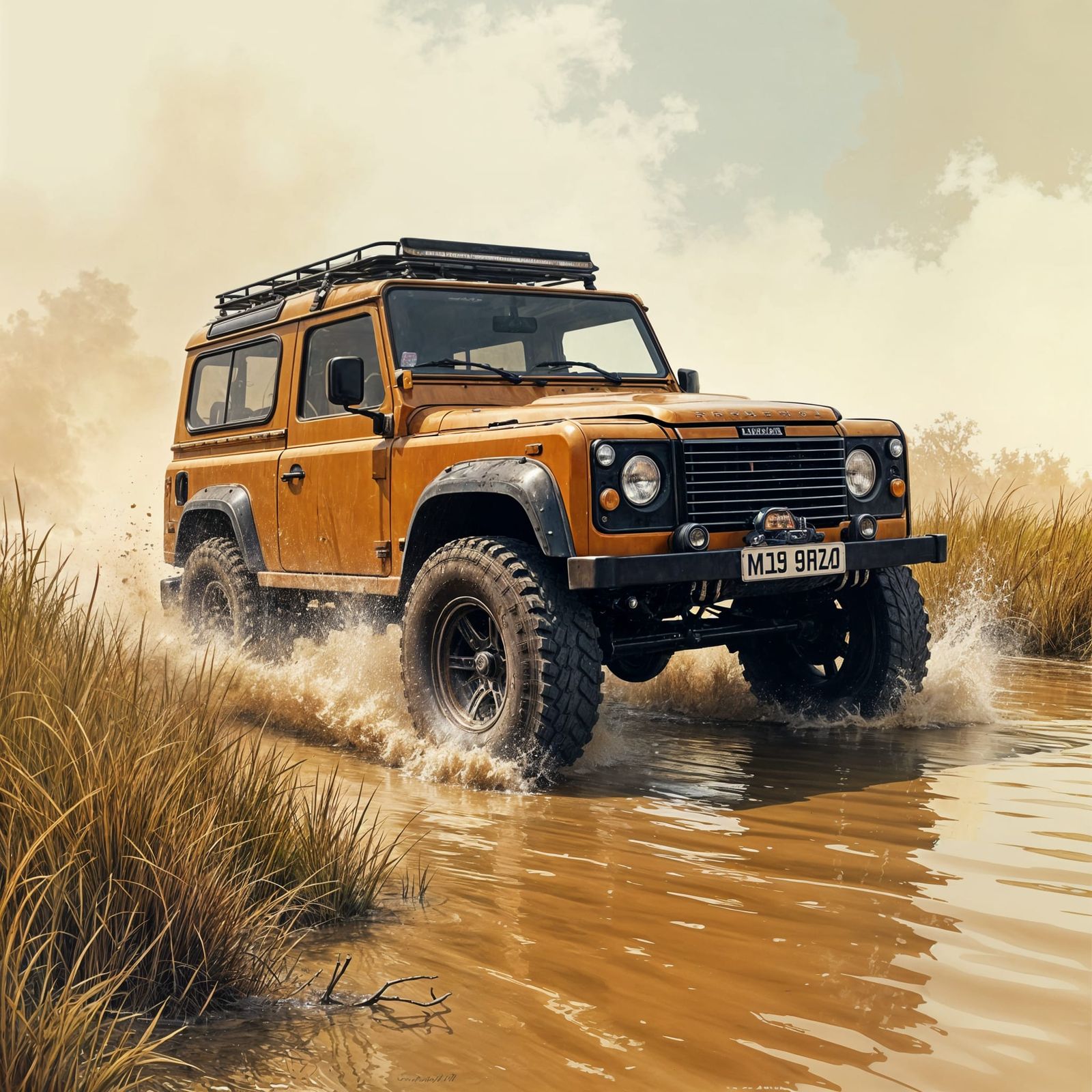 Off-Roader Splashing Through Bog: Comic Art Illustration