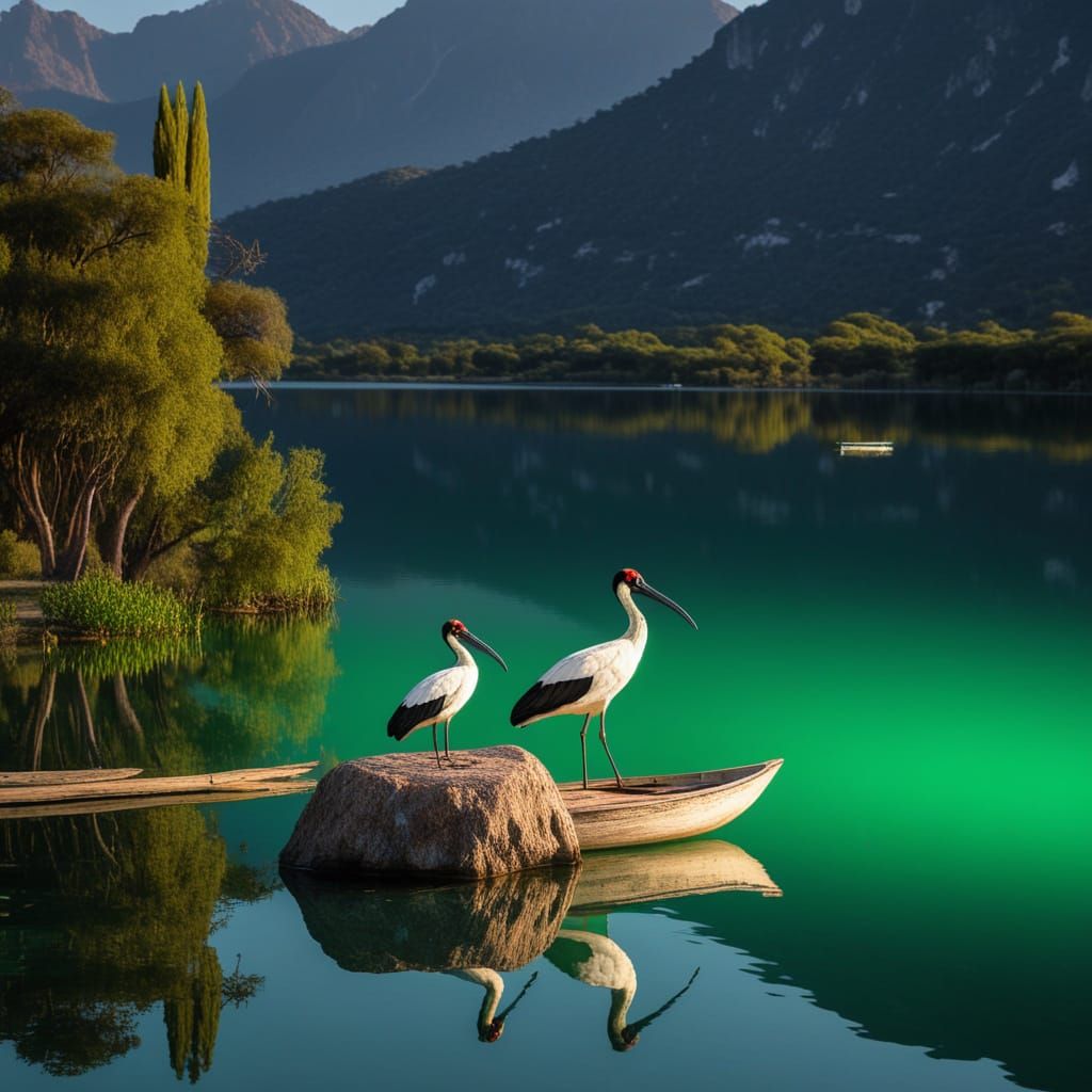 Emerald Lake Reflecting Moonlight with Sailboat and Ibis