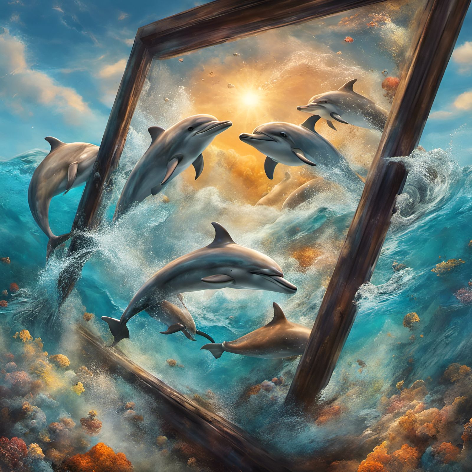 Hyperrealistic Dolphins in Glass Pyramids: Marine Theme