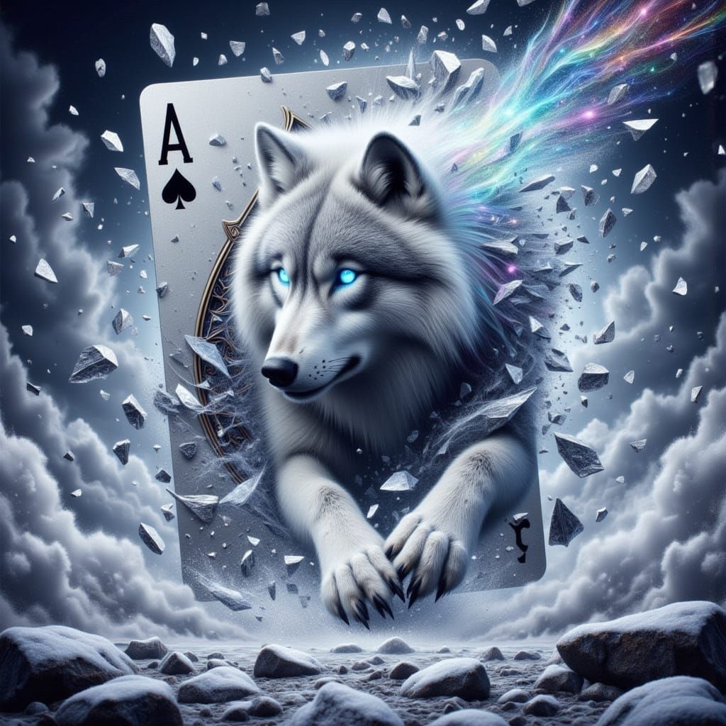 Wolf Emerges from Shattered Card in Blizzard Landscape