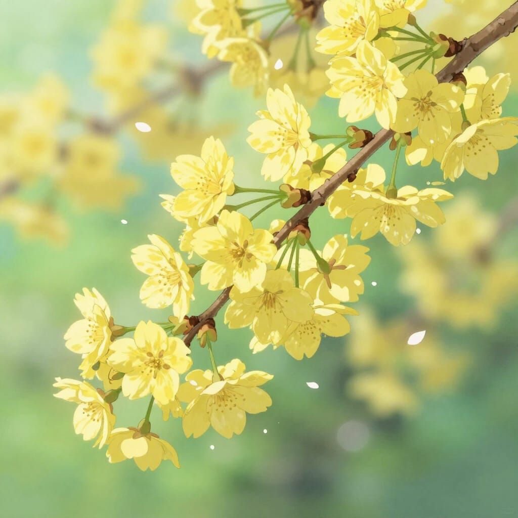 Luminous Yellow Cherry Blossoms in Ethereal Light