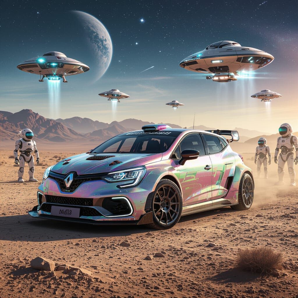 Futuristic Rally Clio in 2400 with Robots and Spaceships