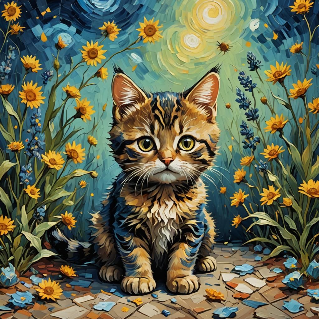 A painting of a cute cat by Van Gogh
