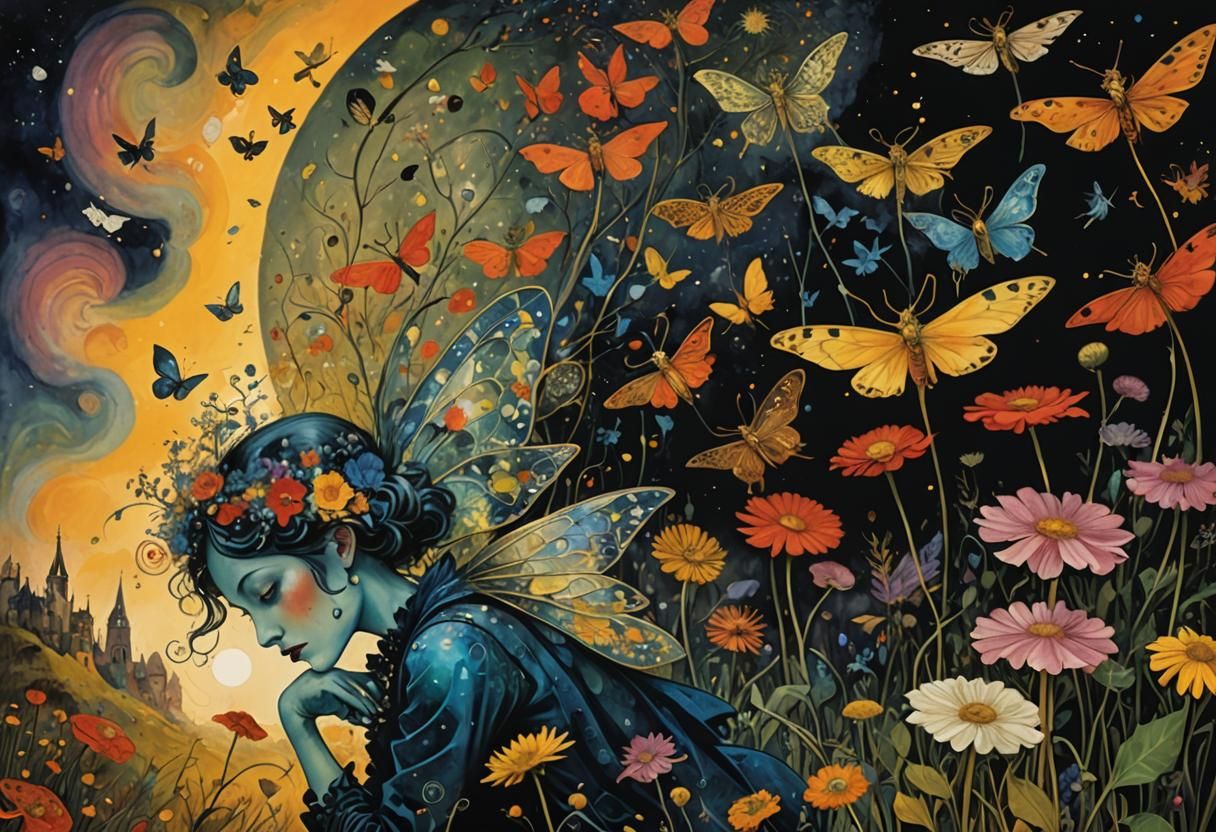 Winged Fairies in Dark Dandelion Dreamscape