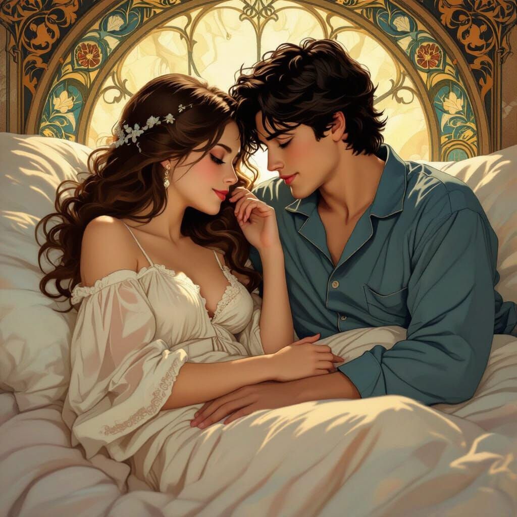 Romantic Couple in Bed, Art Nouveau Style