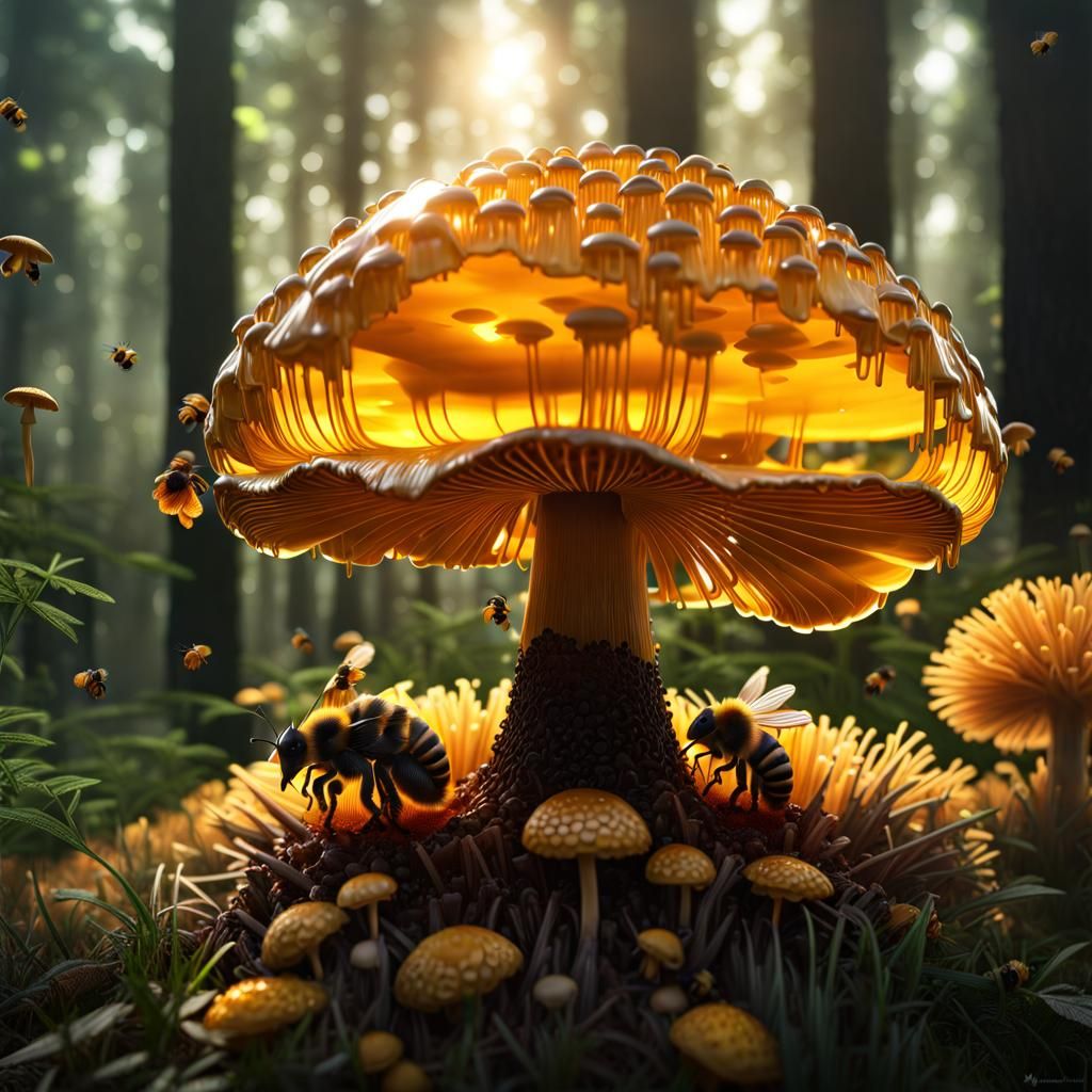 Honey Shroom Forest with Bees in Hyperrealism